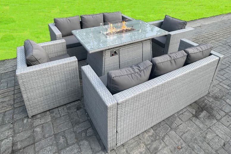 8 Seater Rattan Furniture Set with Firepit Table